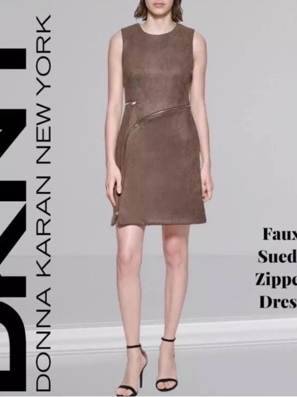 DKNY Brown Faux Suede Sleeveless Zip-Accent Sheath Dress